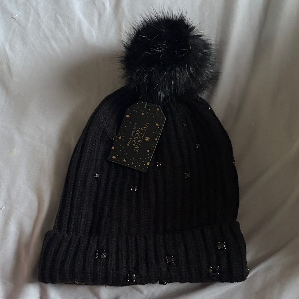 Victoria's Secret Black Knit Beanie with Pom Pom